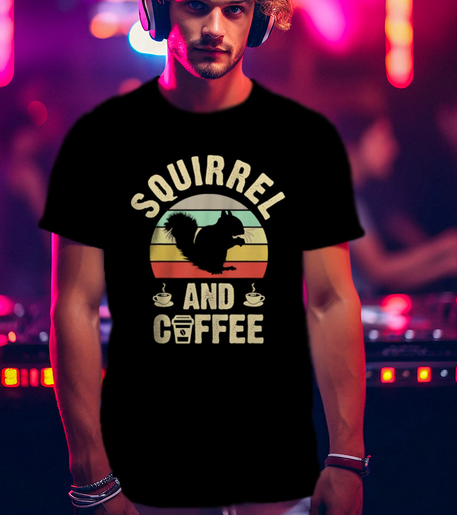 Squirrel And Coffee Retro Sunset Silhouette With Cups And Takeaway T-Shirt