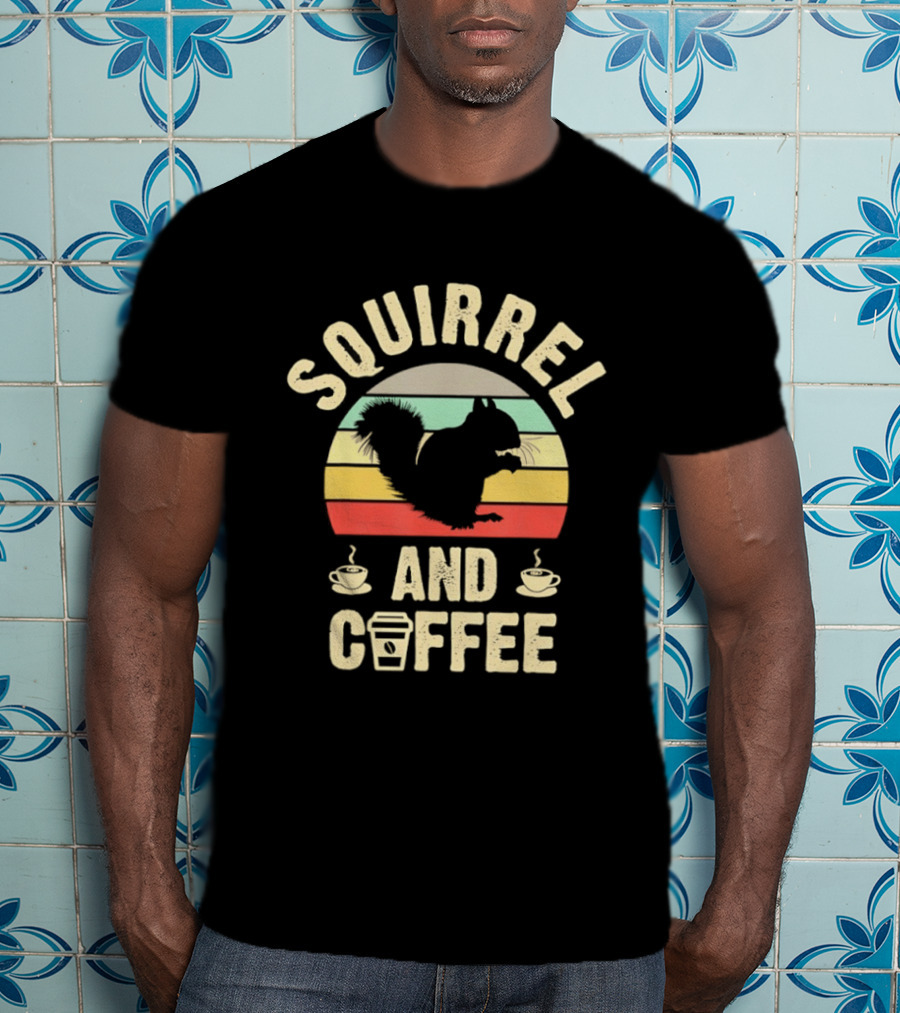 Squirrel And Coffee Retro Sunset Silhouette With Cups And Takeaway T-Shirt