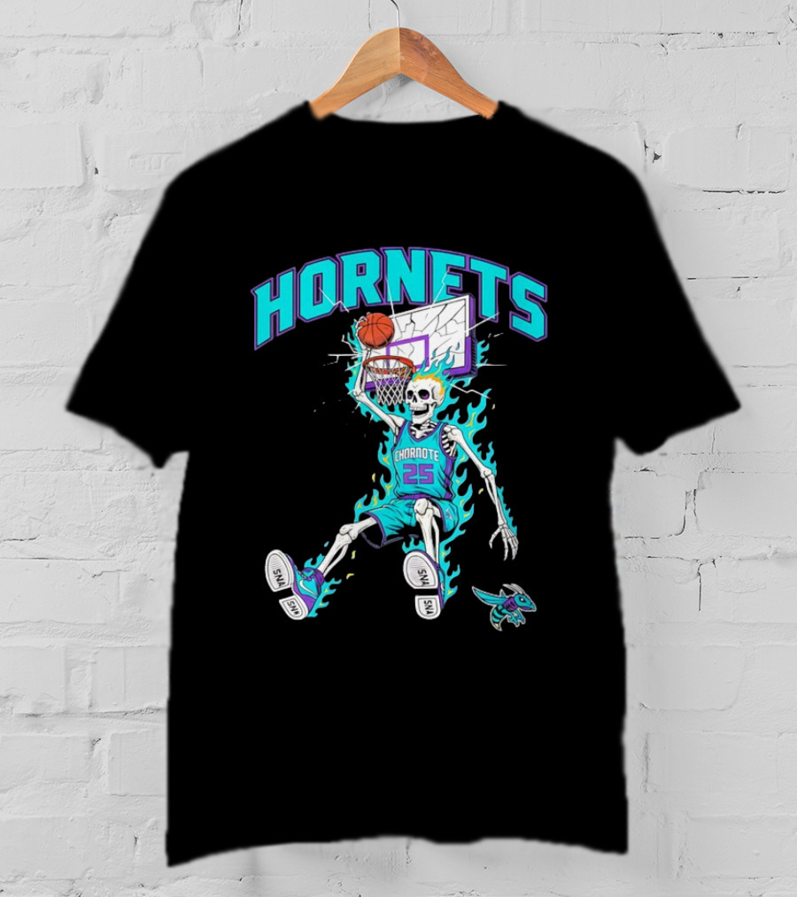 Charlotte Hornets Skeleton Dunking Basketball Retro Style Flame T-Shirt