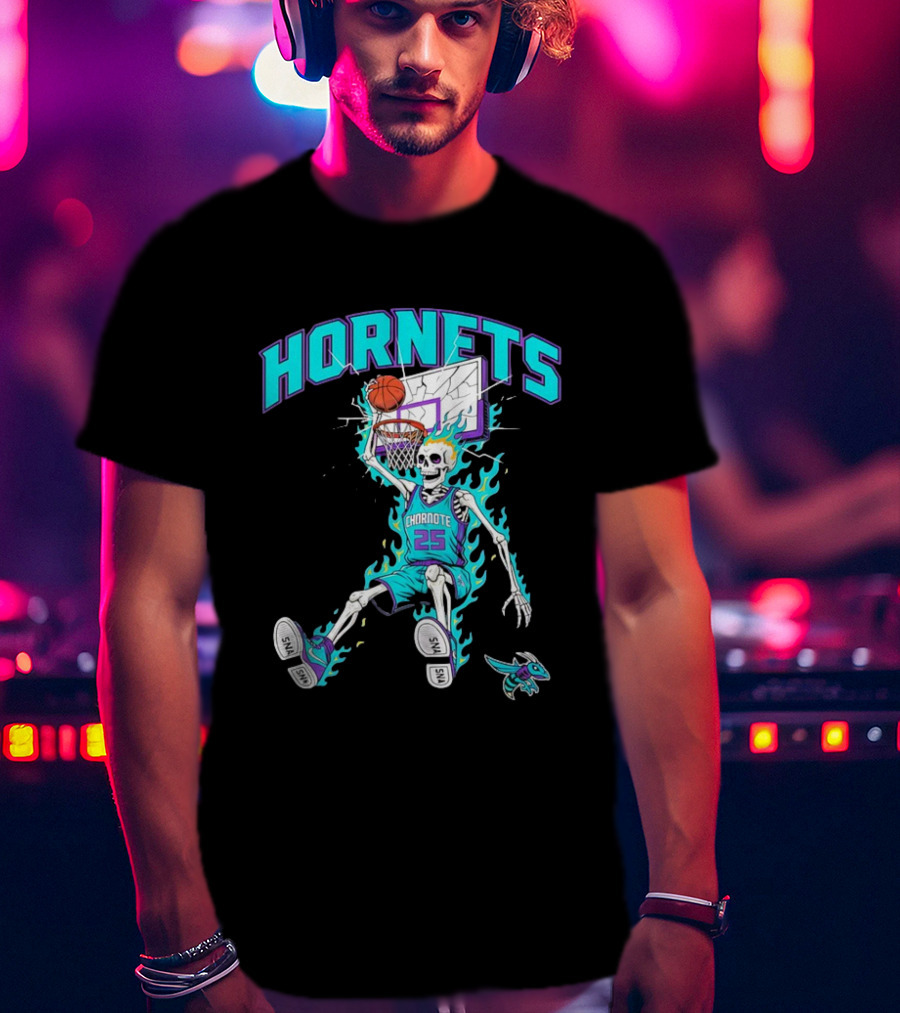 Charlotte Hornets Skeleton Dunking Basketball Retro Style Flame T-Shirt