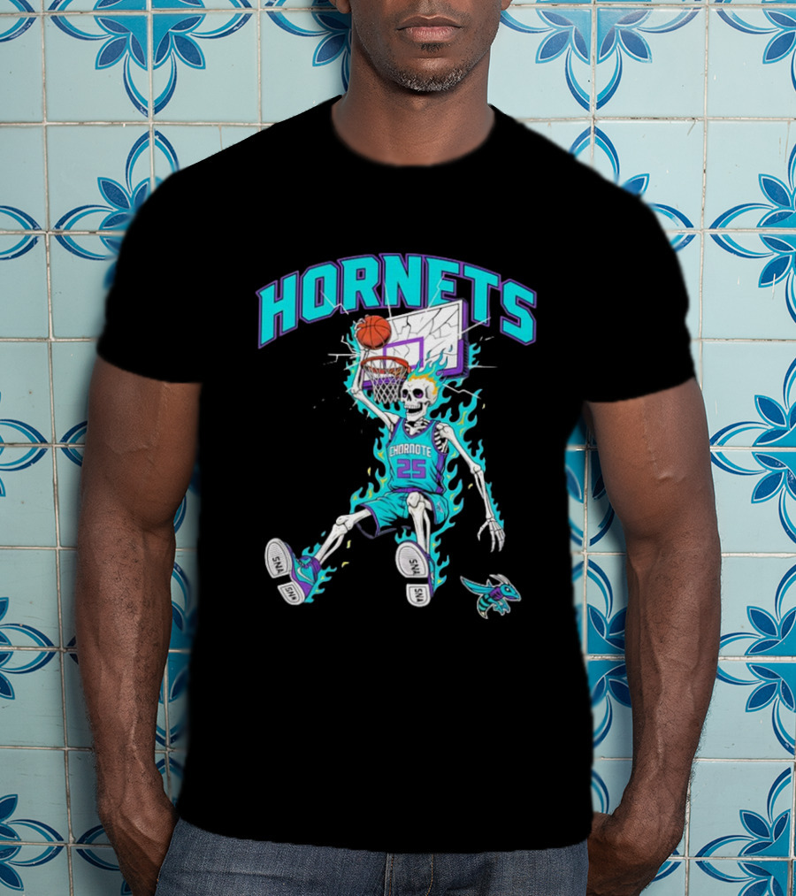 Charlotte Hornets Skeleton Dunking Basketball Retro Style Flame T-Shirt