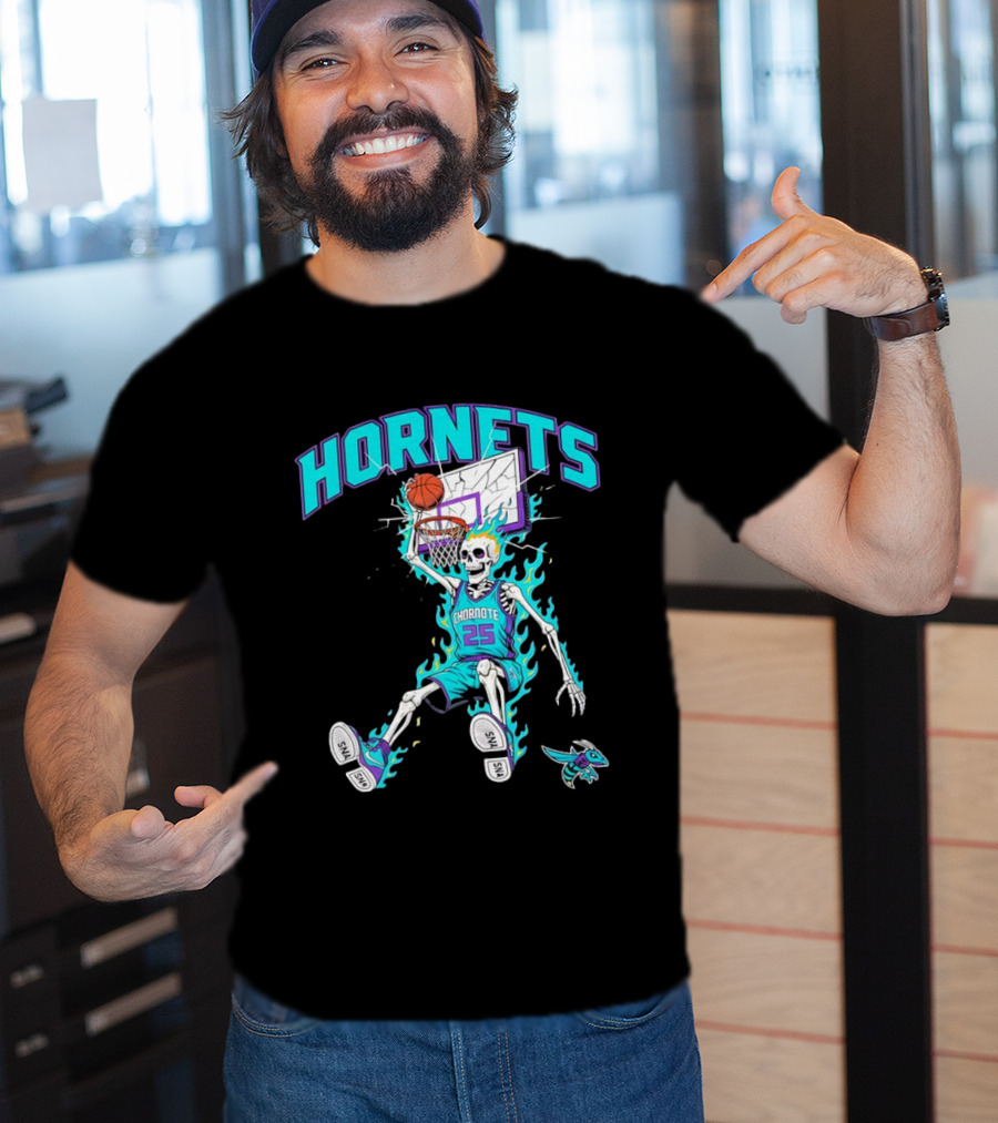 Charlotte Hornets Skeleton Dunking Basketball Retro Style Flame T-Shirt
