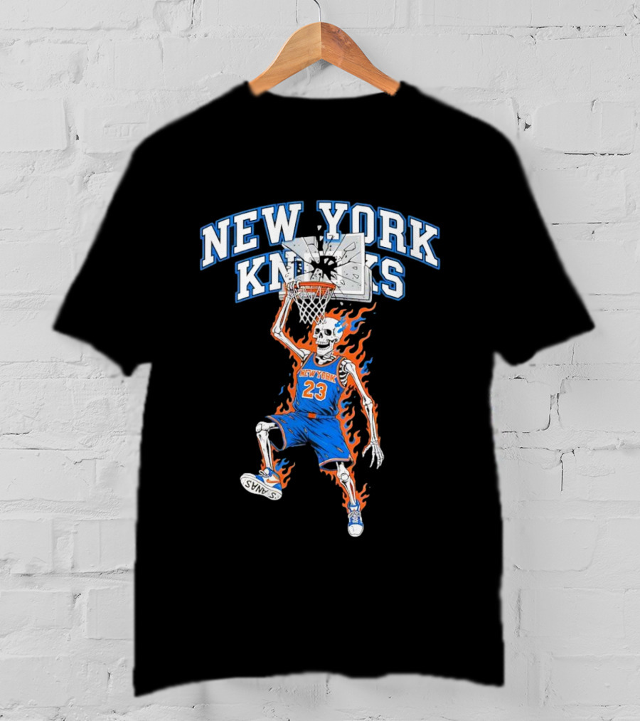 New York Knicks Basketball Skeleton Player Dunking Fire 23 T-Shirt