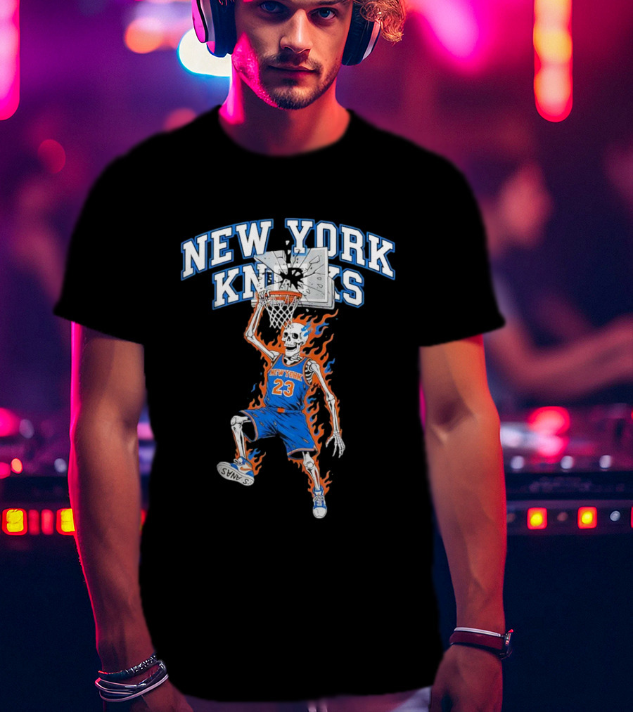 New York Knicks Basketball Skeleton Player Dunking Fire 23 T-Shirt