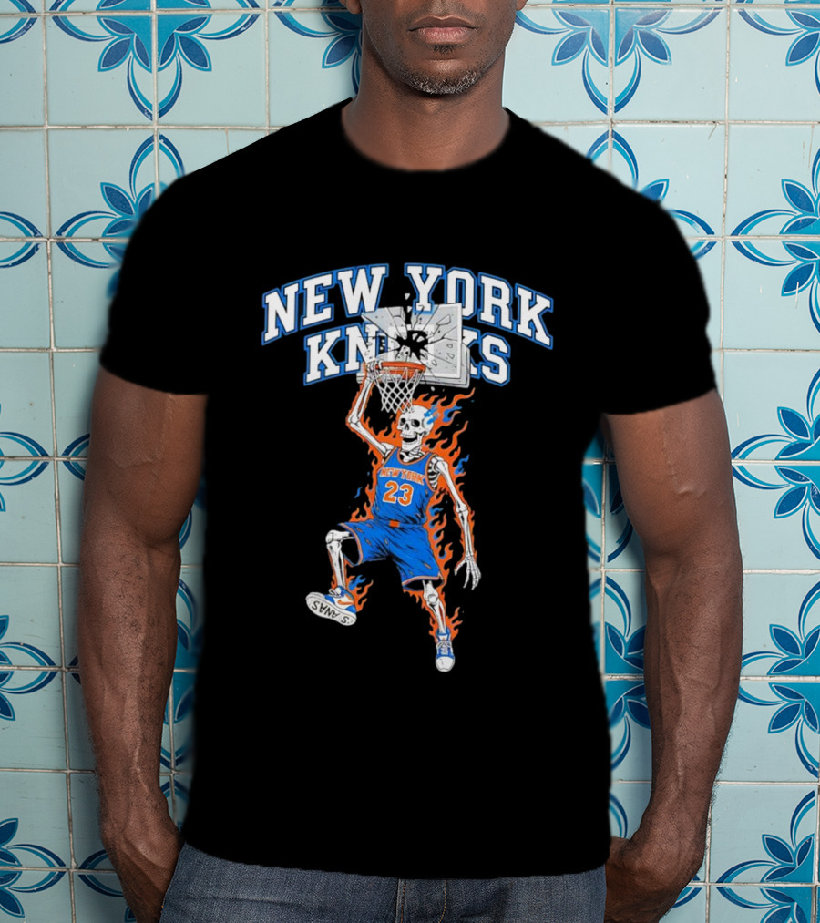 New York Knicks Basketball Skeleton Player Dunking Fire 23 T-Shirt