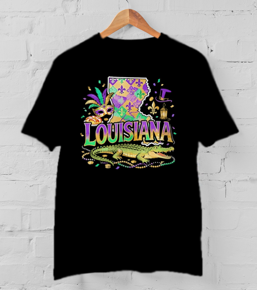 Louisiana Mardi Gras Alligator Carnival Mask Beads Fleur De Lis Lantern T-Shirt