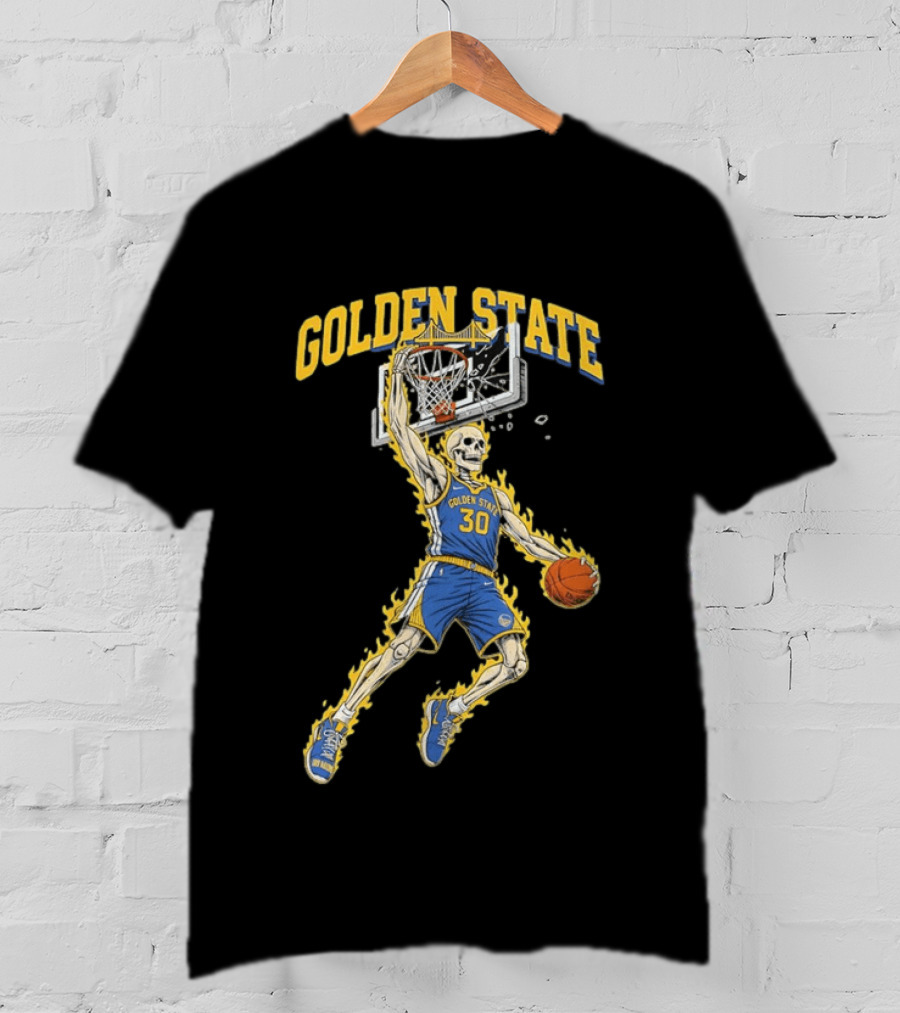 Golden State Warriors Basketball Skeleton Player Slam Dunk Fire T-Shirt