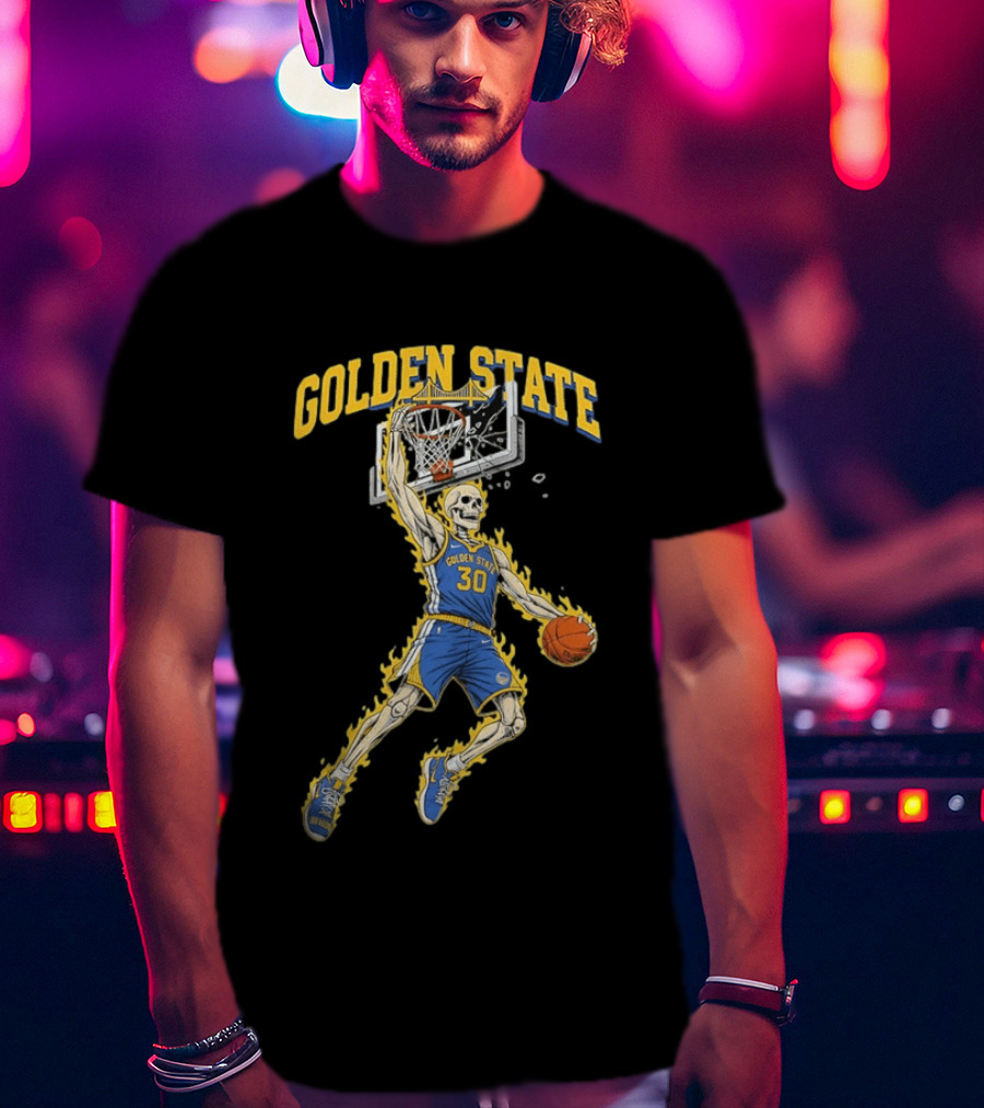Golden State Warriors Basketball Skeleton Player Slam Dunk Fire T-Shirt