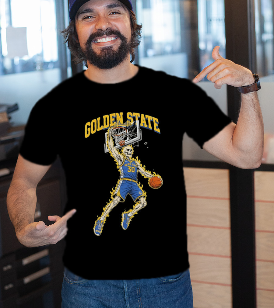 Golden State Warriors Basketball Skeleton Player Slam Dunk Fire T-Shirt