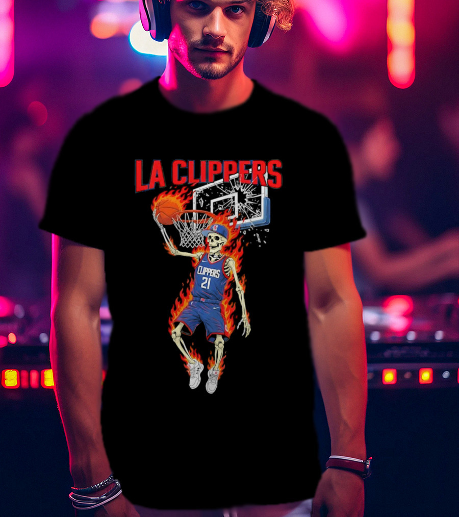 LA Clippers Basketball Skeleton Player On Fire Dunking T-Shirt
