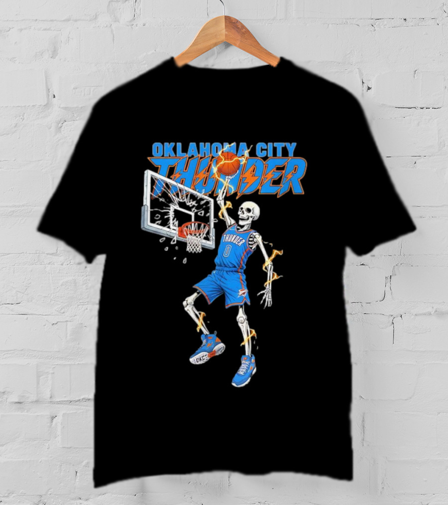 Oklahoma City Thunder Basketball Skeleton Dunking Fiery Hoops Player T-Shirt