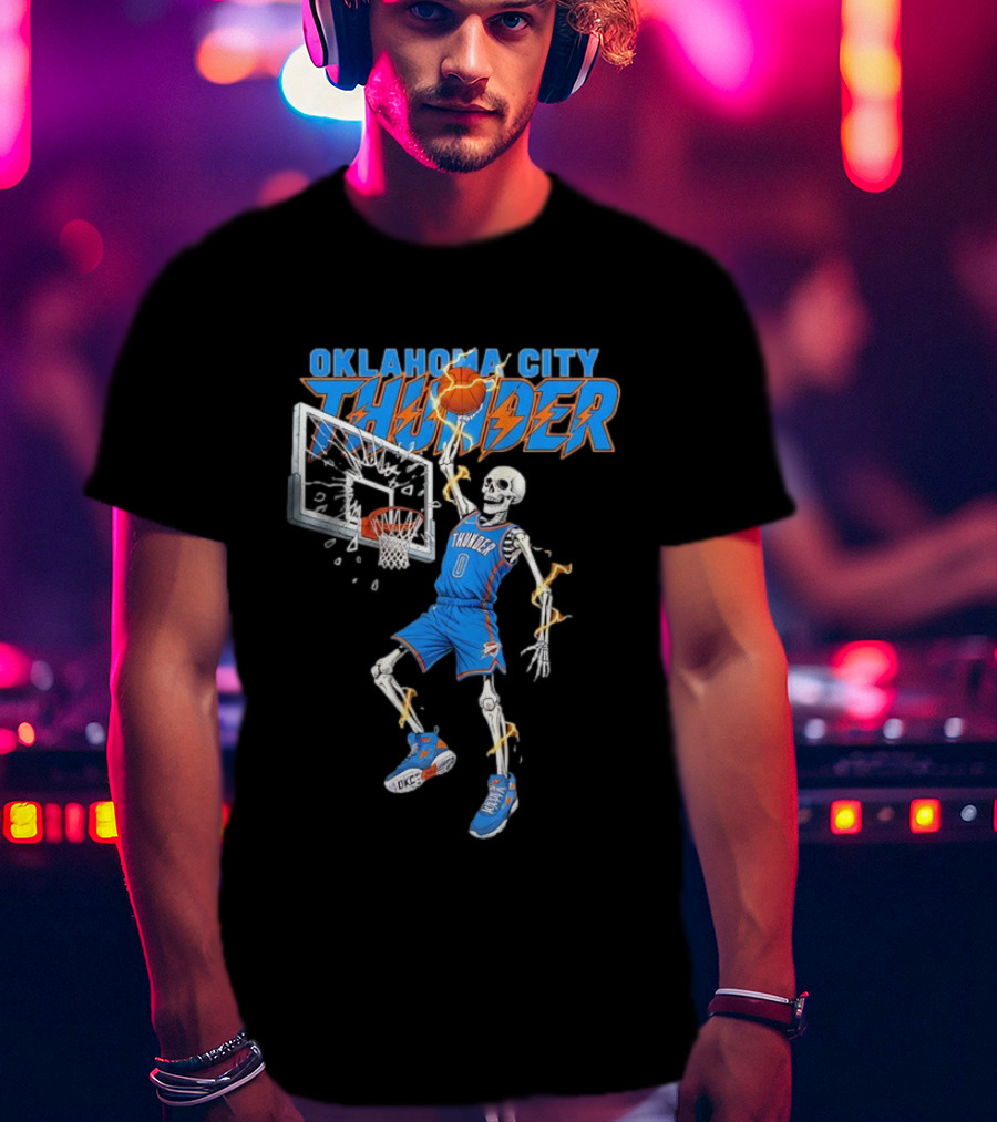 Oklahoma City Thunder Basketball Skeleton Dunking Fiery Hoops Player T-Shirt