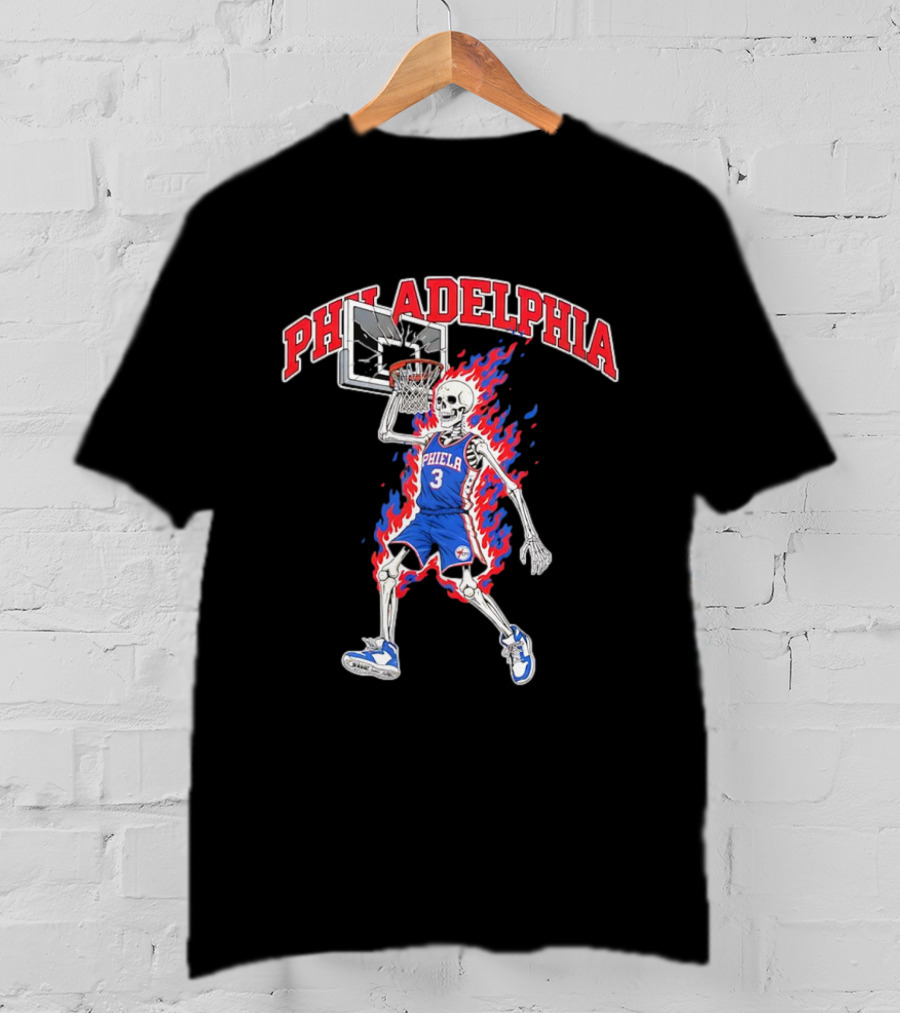 Philadelphia 76ers Skeleton Dunking Basketball Player In Flames T-Shirt