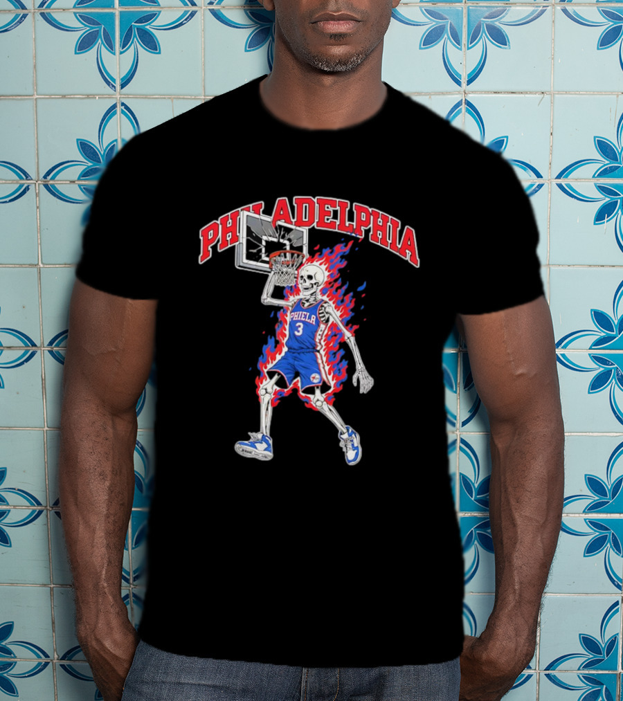 Philadelphia 76ers Skeleton Dunking Basketball Player In Flames T-Shirt