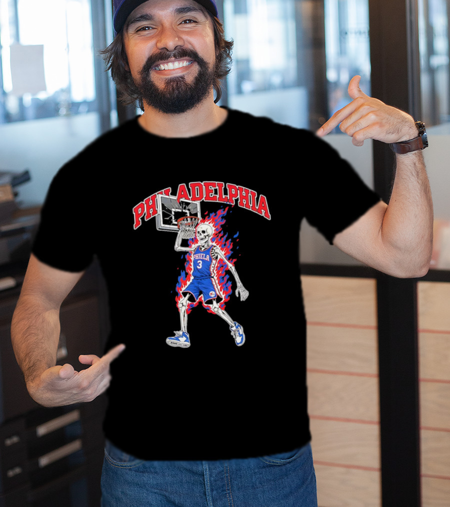 Philadelphia 76ers Skeleton Dunking Basketball Player In Flames T-Shirt