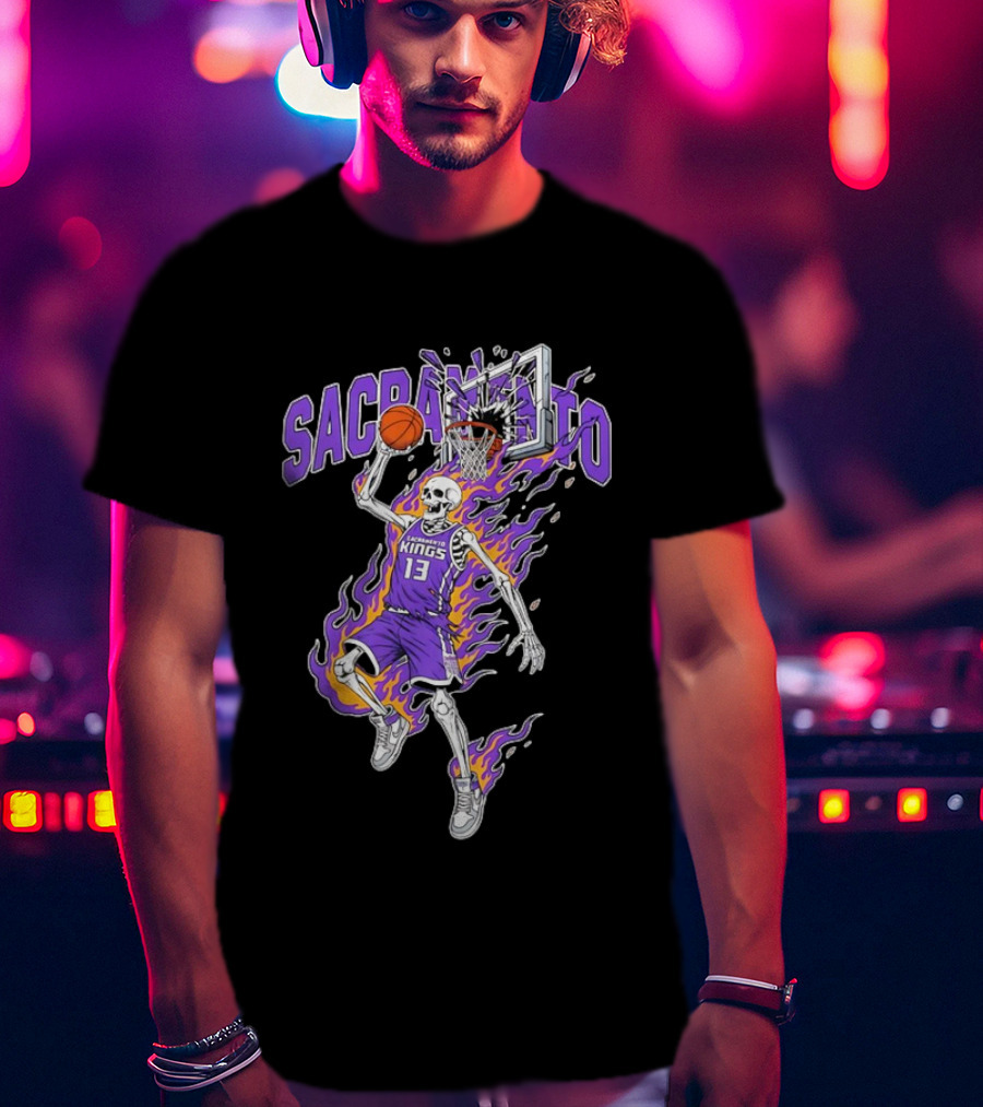 Sacramento Kings Skeleton Basketball Player Flames Sports Team T-Shirt