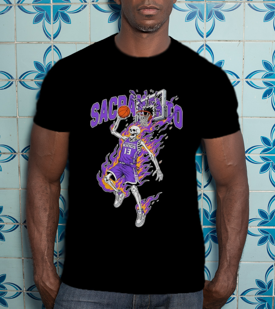 Sacramento Kings Skeleton Basketball Player Flames Sports Team T-Shirt
