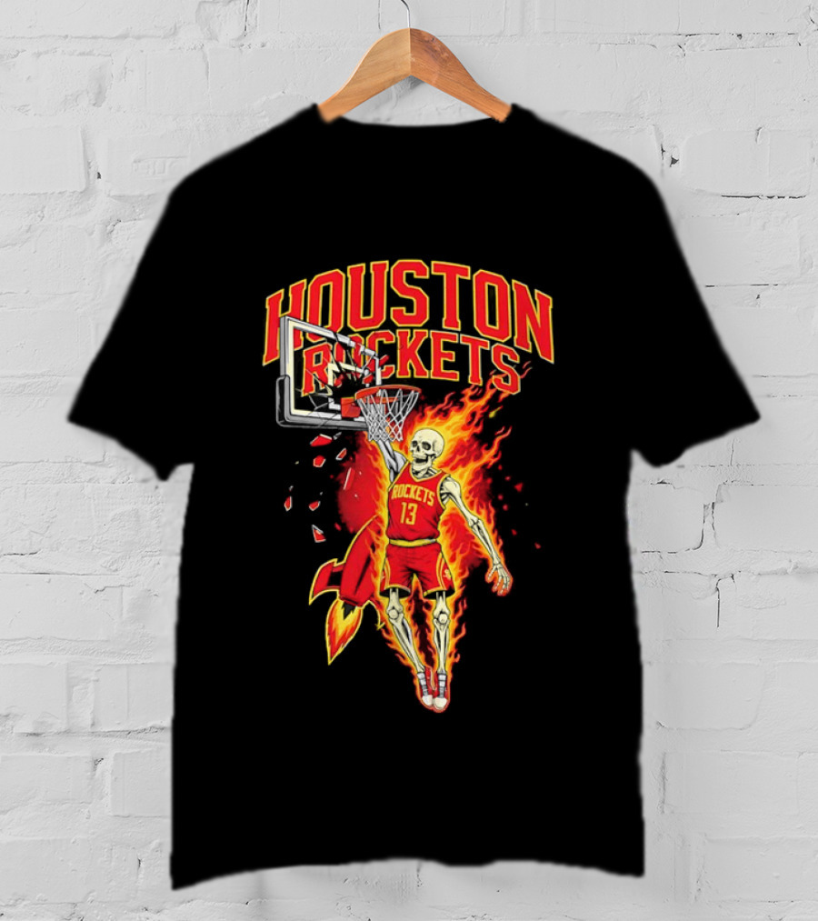 Houston Rockets Basketball Flaming Skeleton Player Dunking T-Shirt