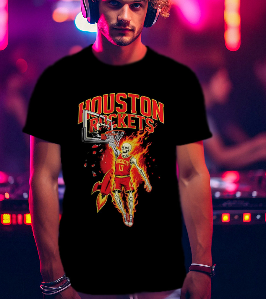 Houston Rockets Basketball Flaming Skeleton Player Dunking T-Shirt