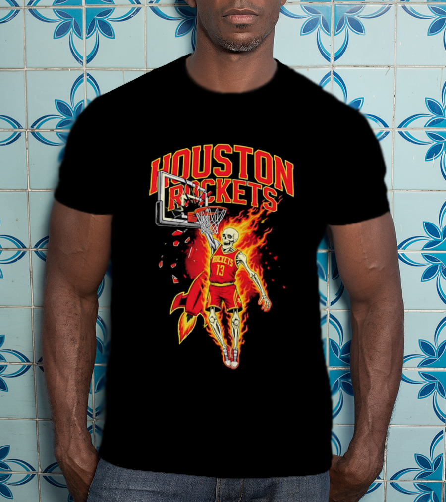 Houston Rockets Basketball Flaming Skeleton Player Dunking T-Shirt