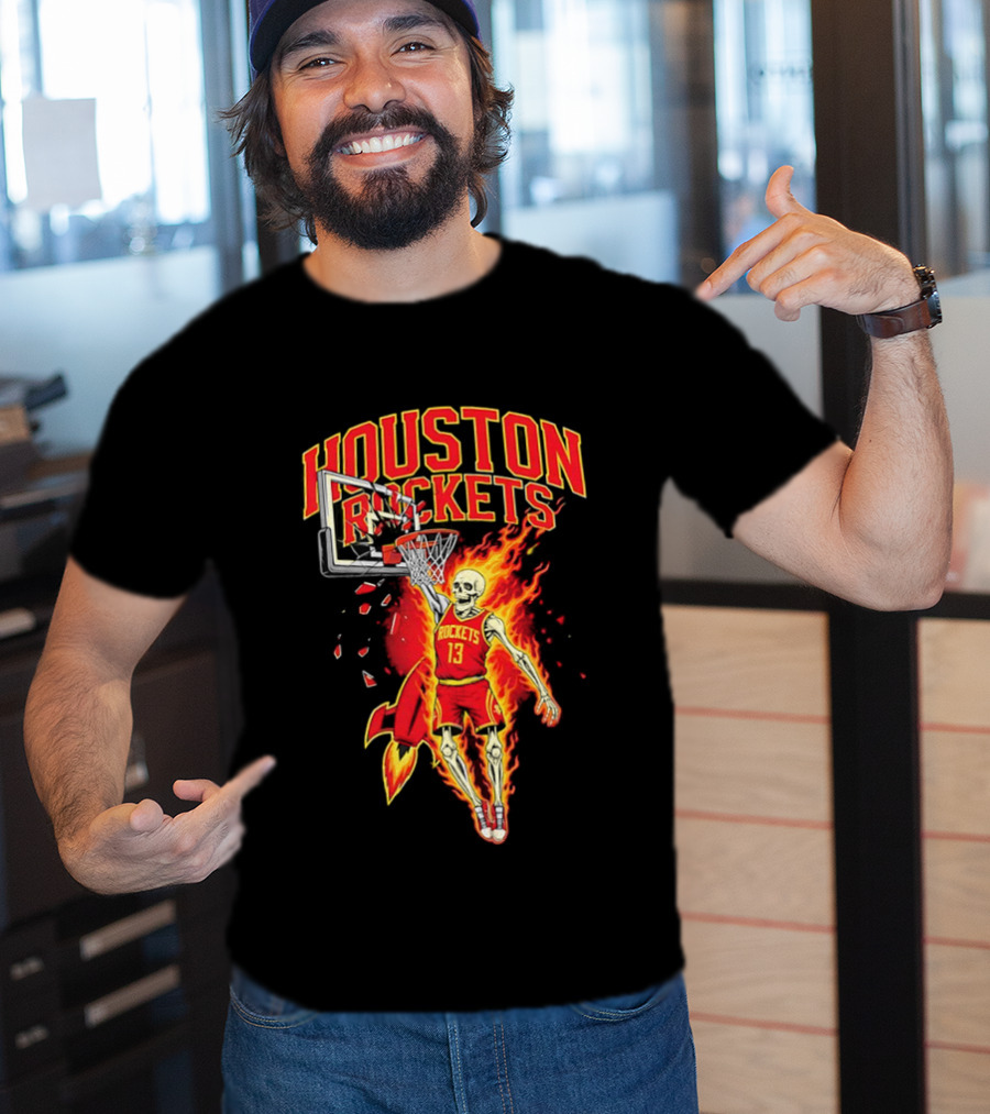 Houston Rockets Basketball Flaming Skeleton Player Dunking T-Shirt