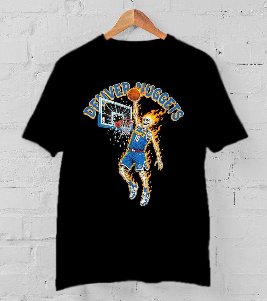 Denver Nuggets Skeleton Player Dunking With Basketball And Fire T-Shirt