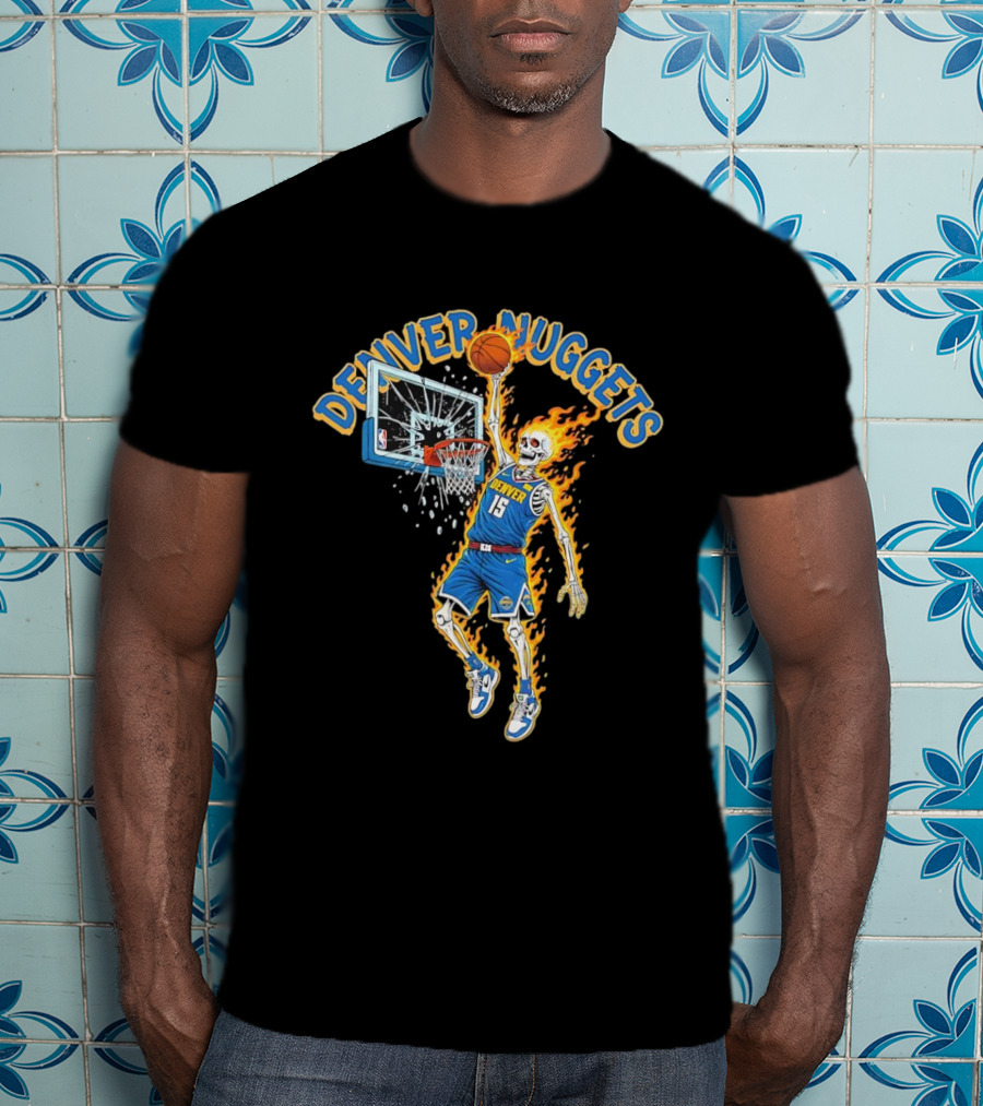 Denver Nuggets Skeleton Player Dunking With Basketball And Fire T-Shirt