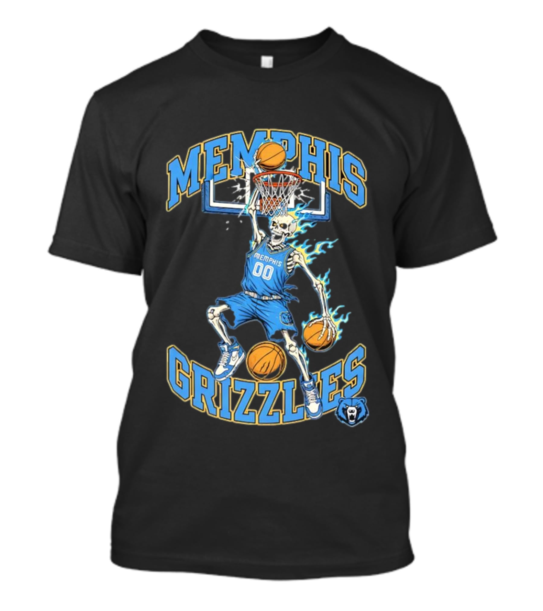 Memphis Grizzlies Basketball Skeleton Player Slam Dunking With Flames T-Shirt