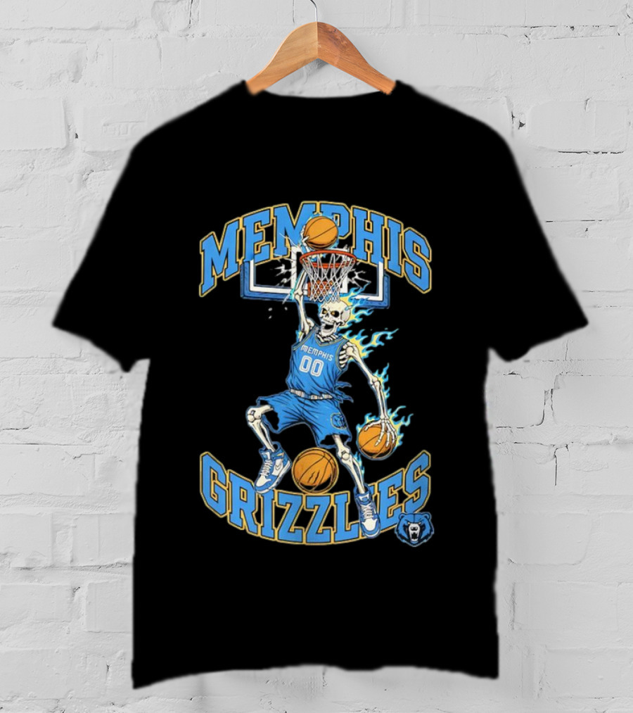 Memphis Grizzlies Basketball Skeleton Player Slam Dunking With Flames T-Shirt