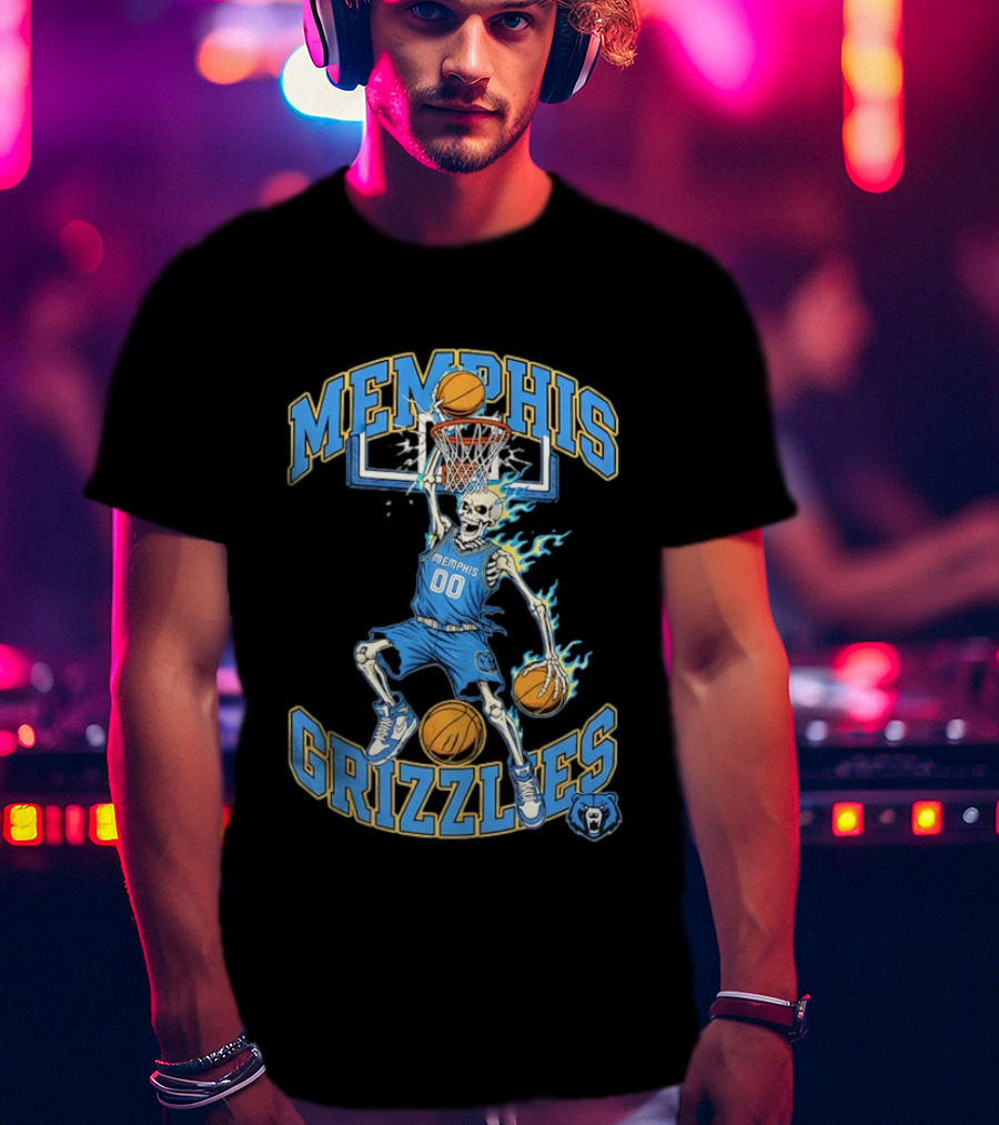 Memphis Grizzlies Basketball Skeleton Player Slam Dunking With Flames T-Shirt