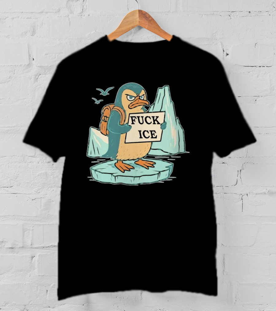 Angry Penguin Holding Sign On Iceberg With Birds In Background T-Shirt