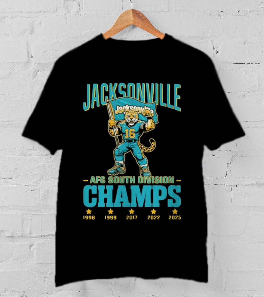 Jacksonville Jaguars Mascot 16 Holding Flag AFC South Division Champs 1998 1999 2017 2022 2023 T-Shirt