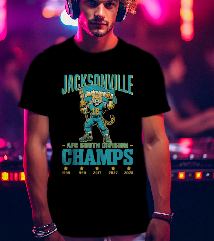 Jacksonville Jaguars Mascot 16 Holding Flag AFC South Division Champs 1998 1999 2017 2022 2023 T-Shirt