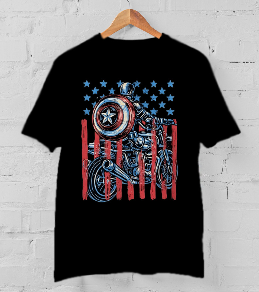 Captain America Motorcycle Ride With Shield And American Flag Stars And Stripes T-Shirt