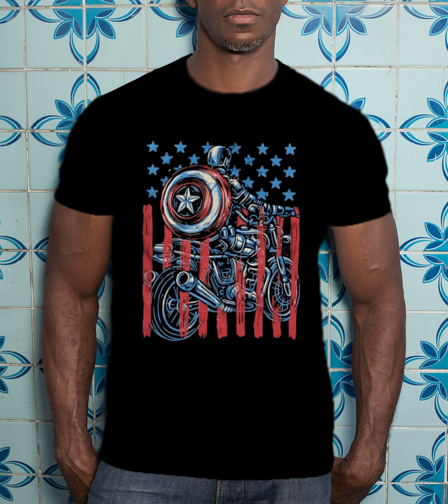 Captain America Motorcycle Ride With Shield And American Flag Stars And Stripes T-Shirt