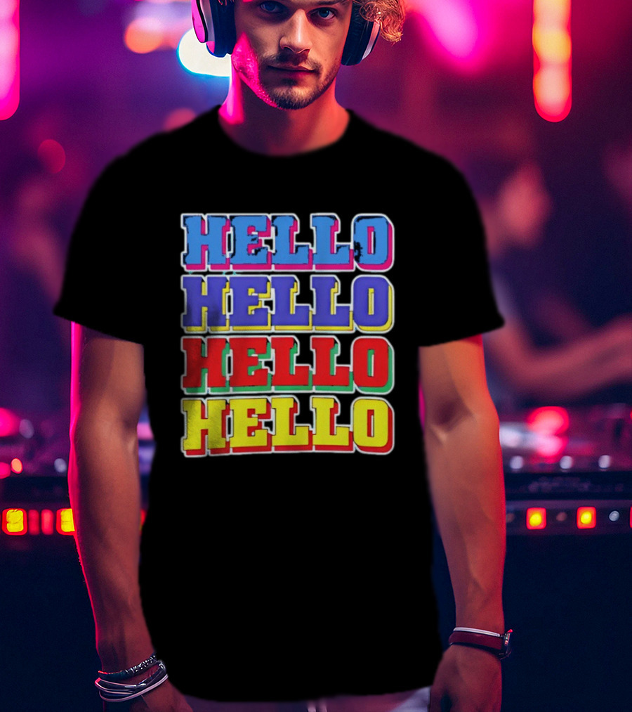 Hello Hello Hello Hello Blue Red Yellow Repeat Bold Pop T-Shirt