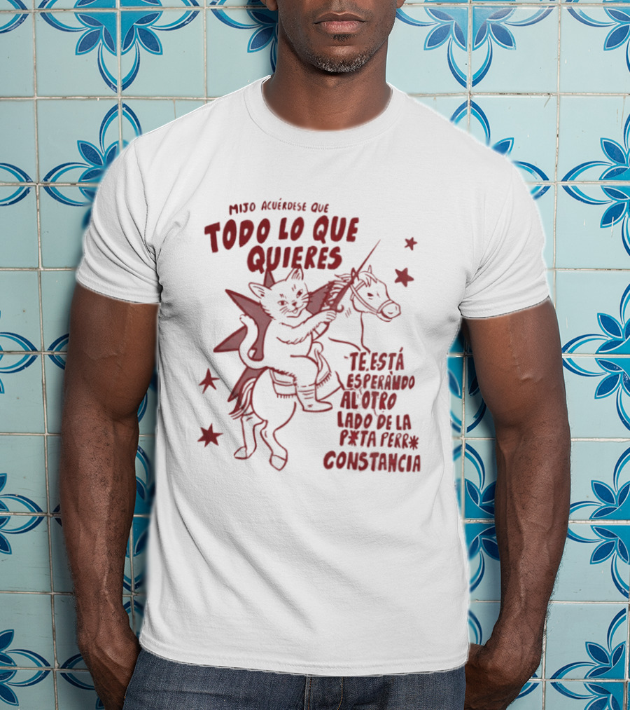 Mijo Acuerdese Que Todo Lo Que Quieres Te Esta Esperando Al Otro Lado De La Perseverancia Constancia Cat Riding Horse With Stars T-Shirt