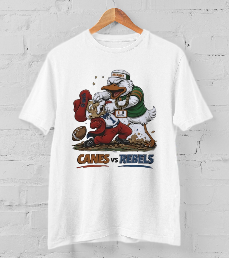 Miami Hurricanes Vs Ole Miss Rebels Mascot Showdown CFP Semifinal Vrbo Fiesta Bowl 2026 T-Shirt