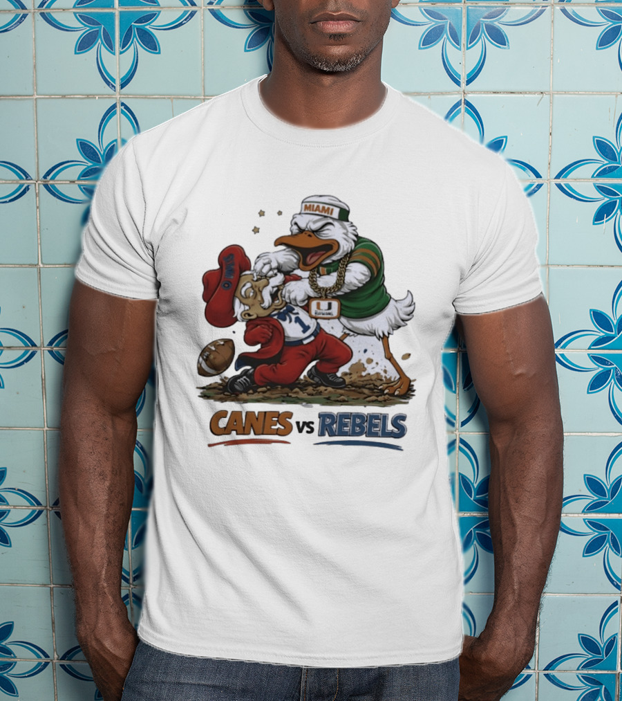 Miami Hurricanes Vs Ole Miss Rebels Mascot Showdown CFP Semifinal Vrbo Fiesta Bowl 2026 T-Shirt
