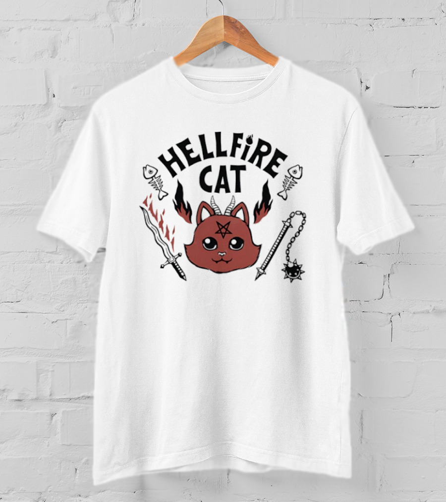 Hellfire Cat Satanicat Joke Club Funny Pentagram Cat With Flaming Sword And Fish Bones T-Shirt