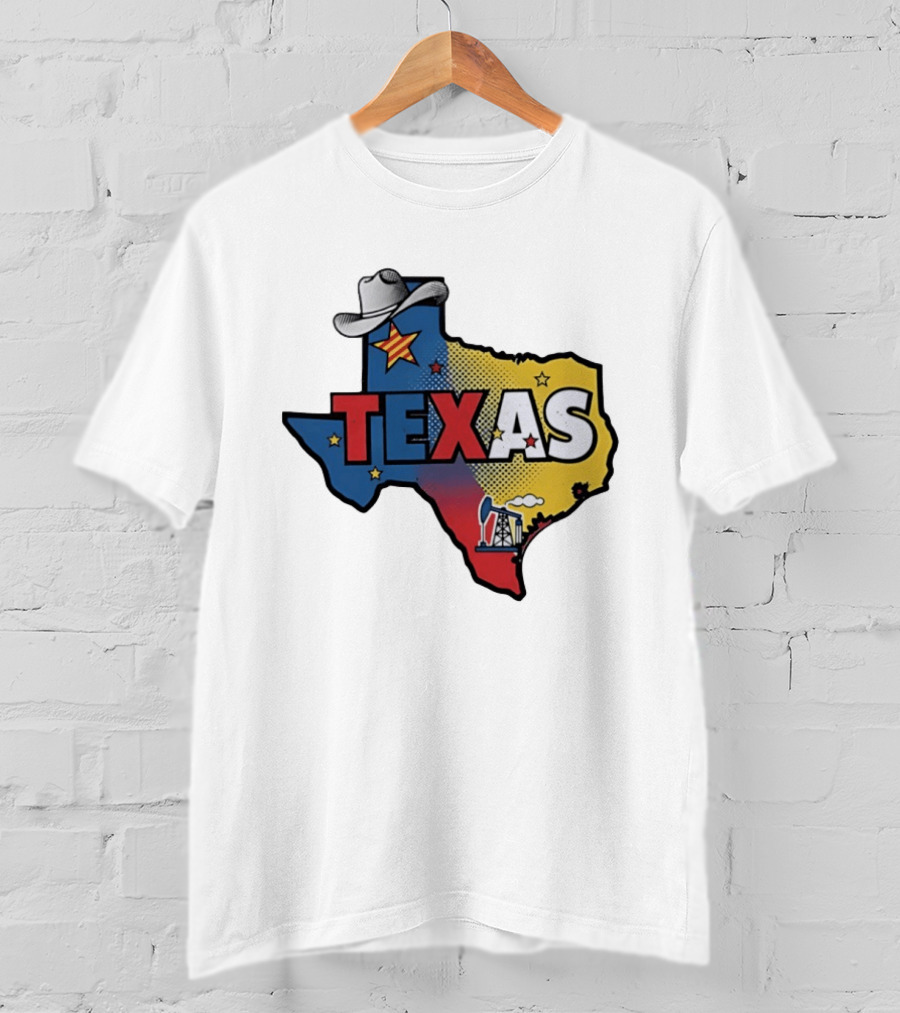 Texas Map Cowboy Hat Star Oil Rig T-Shirt