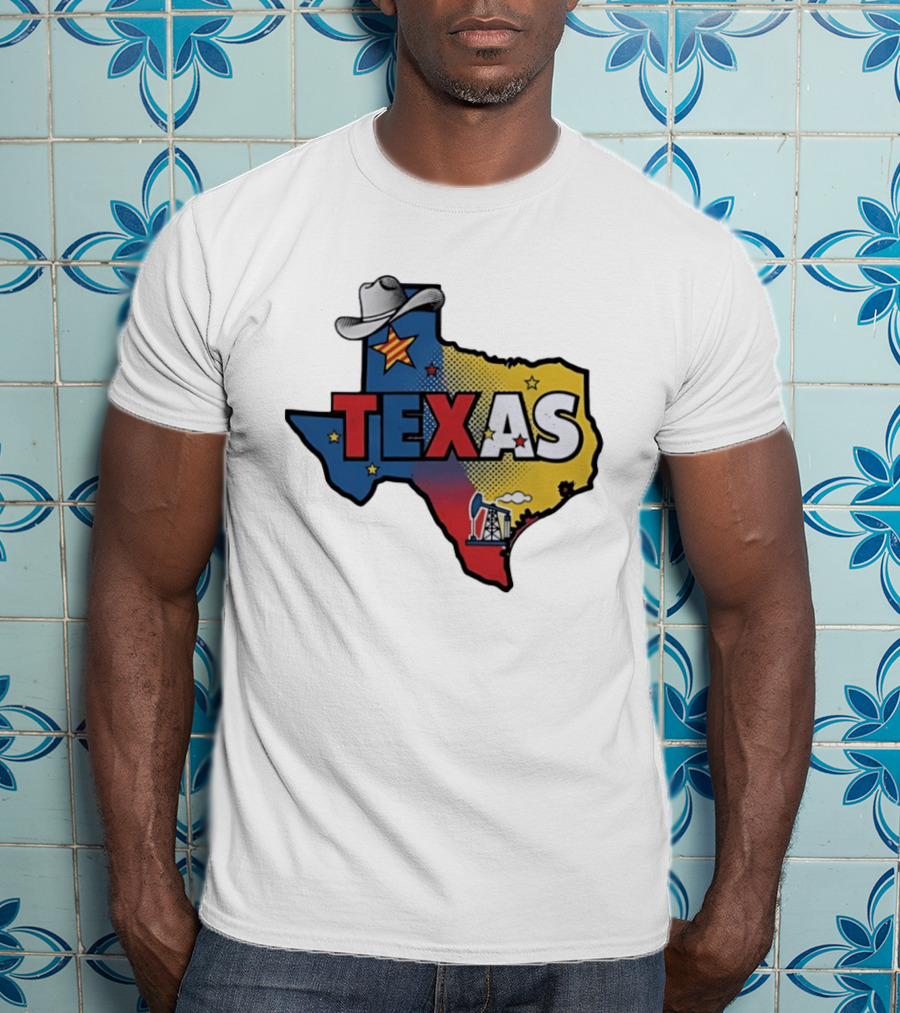 Texas Map Cowboy Hat Star Oil Rig T-Shirt