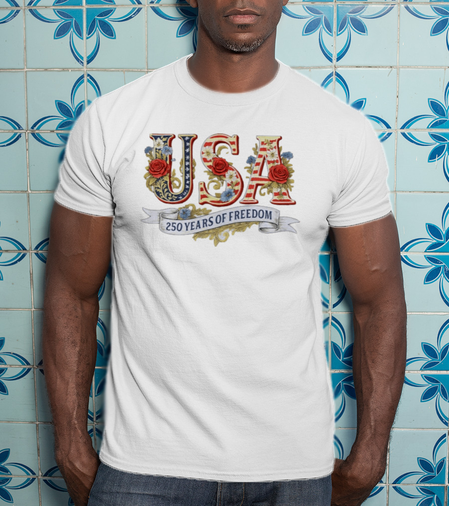 USA Patriotic 250 Years Of Freedom Floral 4th Of July Independence Day T-Shirt