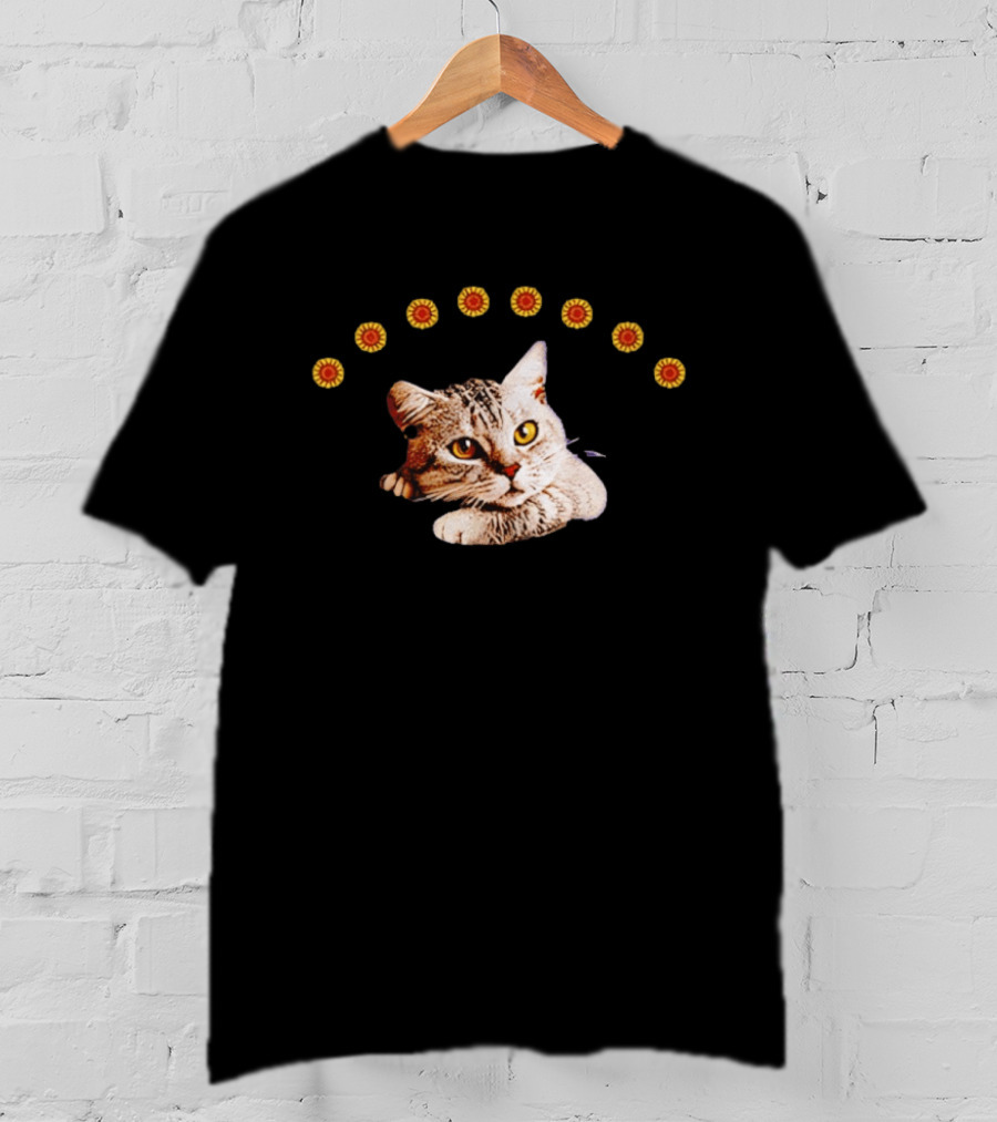 Sunflower Cat Whimsical Feline Surrounded By Flowers T-Shirt