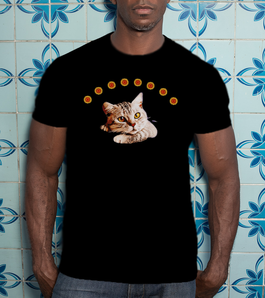 Sunflower Cat Whimsical Feline Surrounded By Flowers T-Shirt