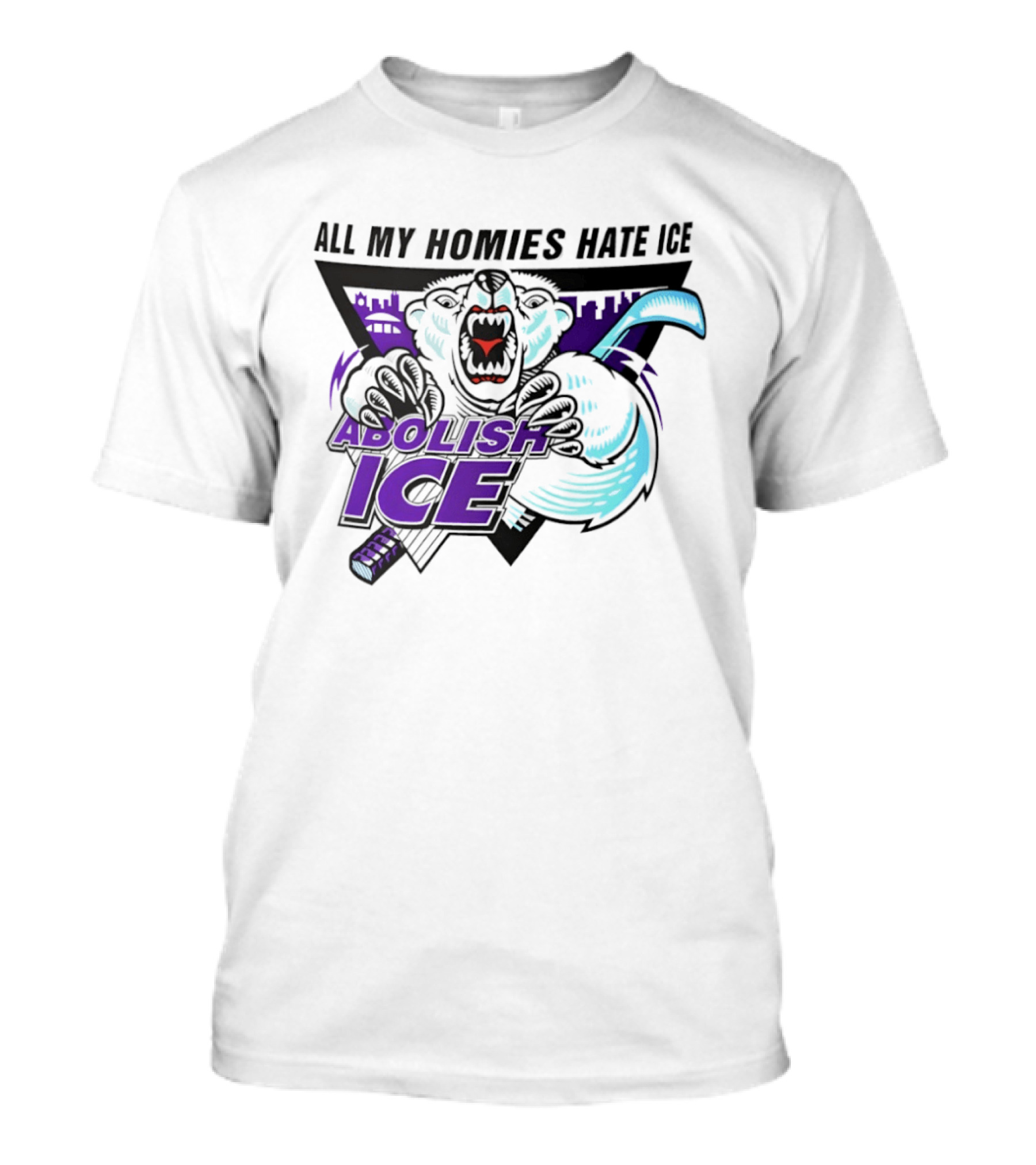 Abolish Ice All My Homies Hate Ice Polar Bear Hockey Rink Indianapolis Skyline T-Shirt
