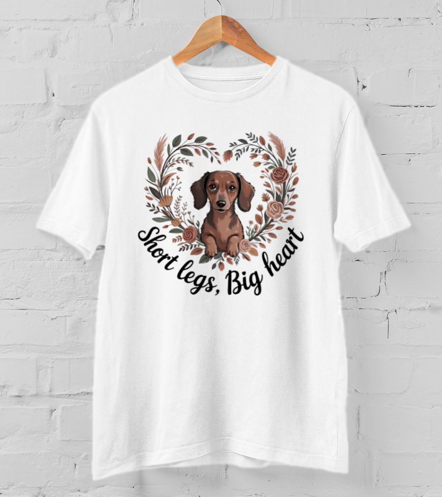 Cute Dachshund Short Legs Big Heart Floral T-Shirt