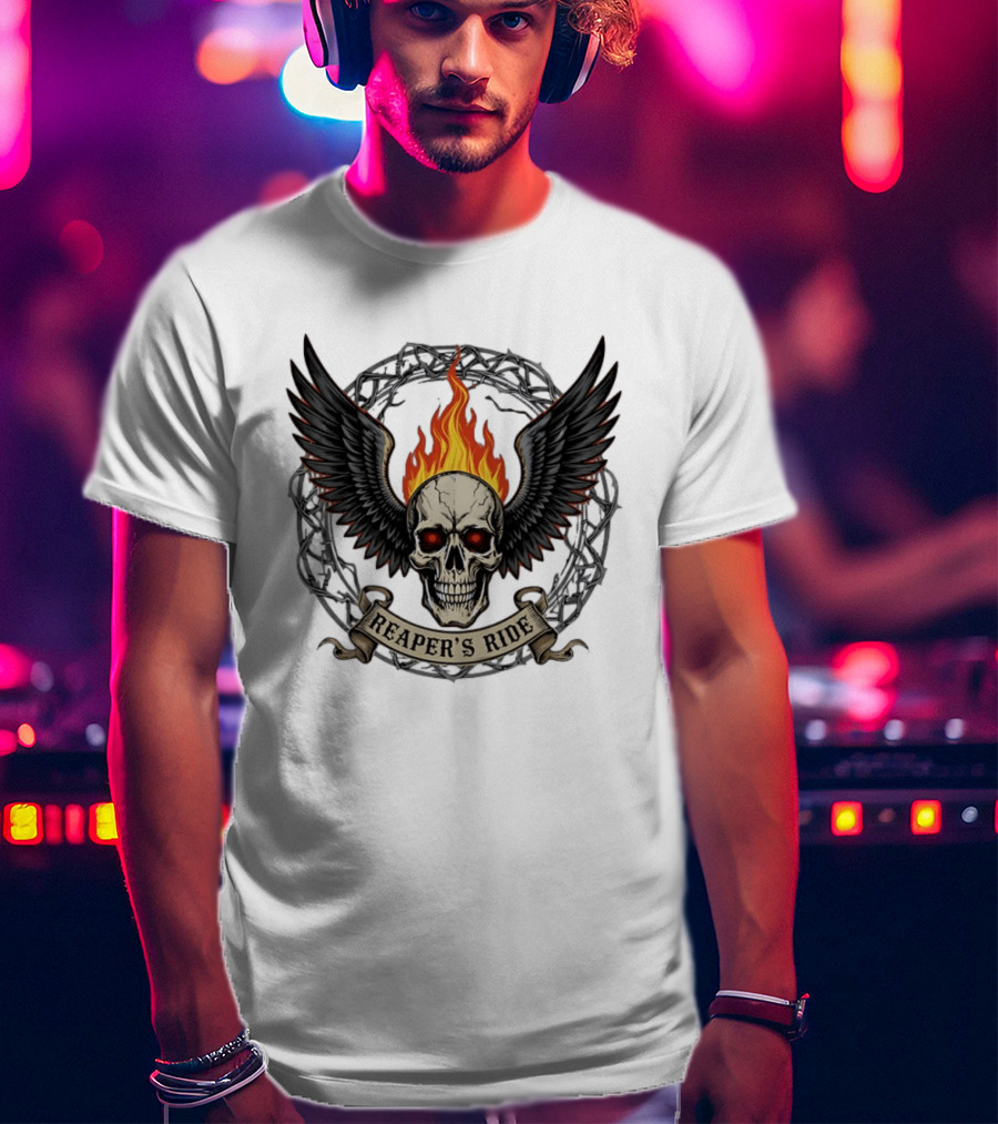 Flaming Skull With Wings Reaper's Ride T-Shirt