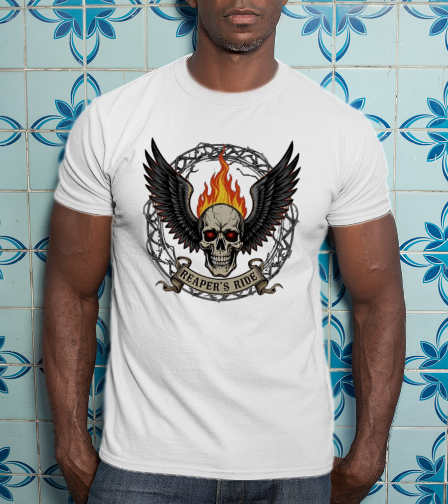 Flaming Skull With Wings Reaper's Ride T-Shirt