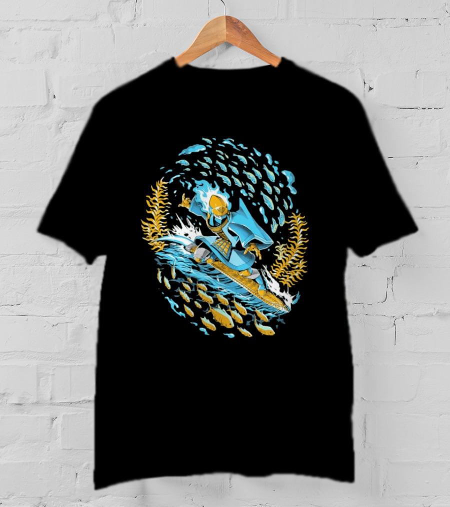Sword Of The Sea Life Beneath The Waves Golden Samurai Surfer Wave Motion T-Shirt